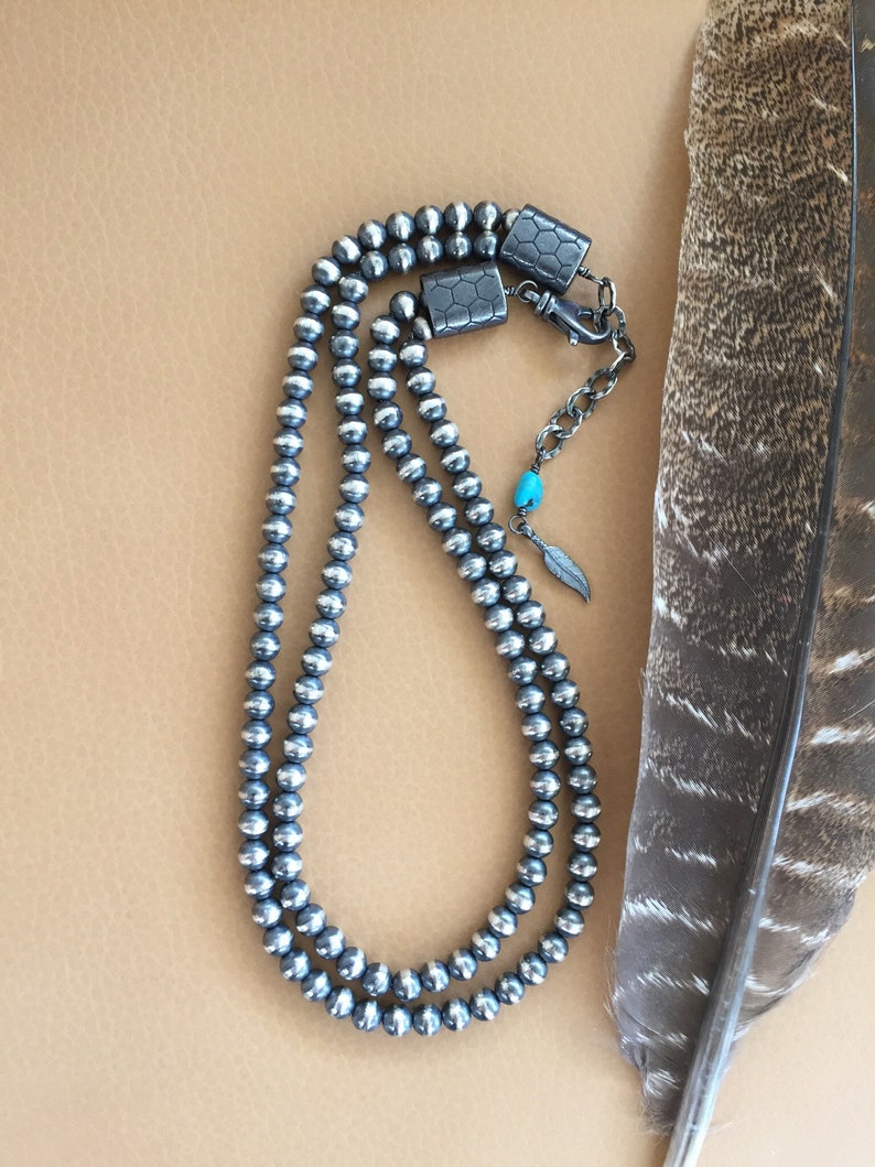 Navajo Pearls-2 strand-6mm Seamless Oxidized 925 Sterling-16 N 17 inch-adjustable-Kingman Turquoise-Isa Stone-Chain Necklace-Classic