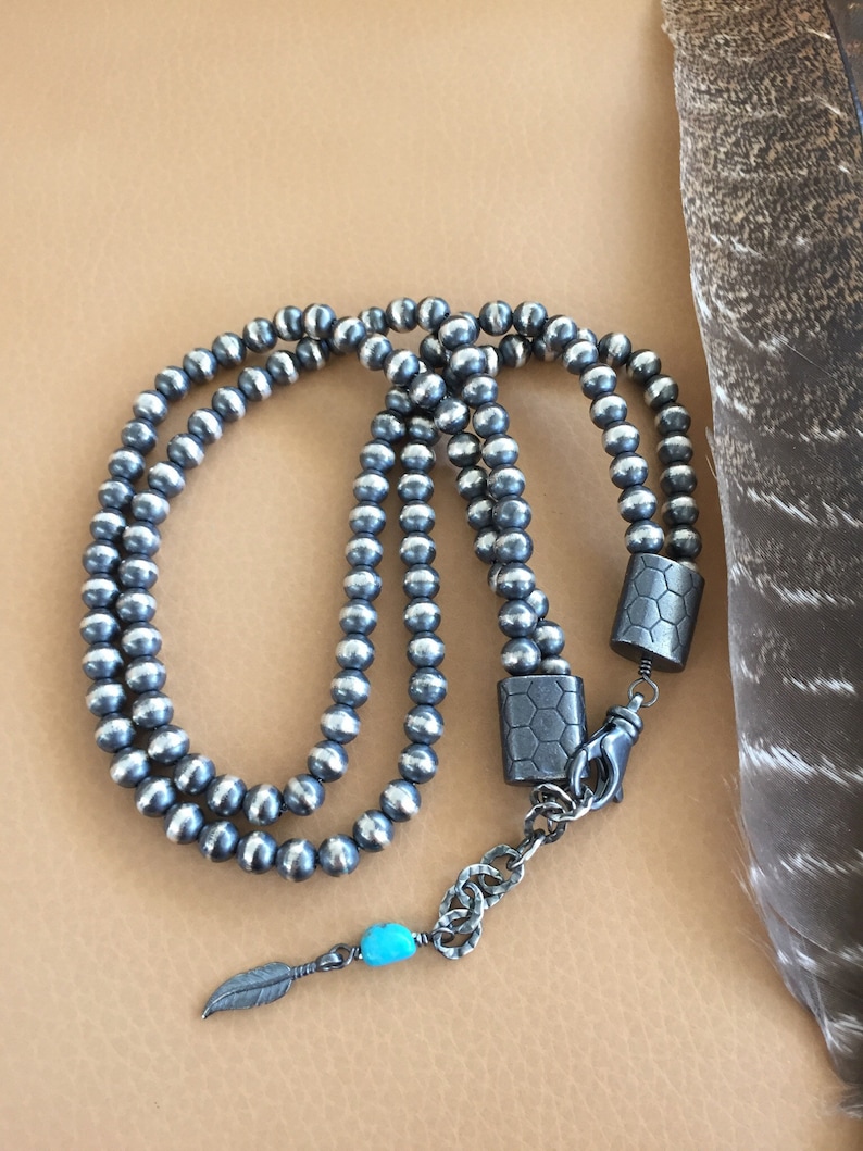 Navajo Pearls-2 strand-6mm Seamless Oxidized 925 Sterling-16 N 17 inch-adjustable-Kingman Turquoise-Isa Stone-Chain Necklace-Classic
