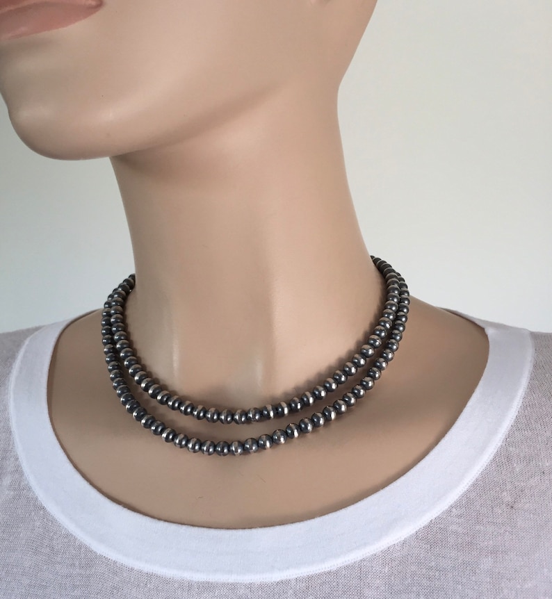 Navajo Pearls-2 strand-6mm Seamless Oxidized 925 Sterling-16 N 17 inch-adjustable-Kingman Turquoise-Isa Stone-Chain Necklace-Classic