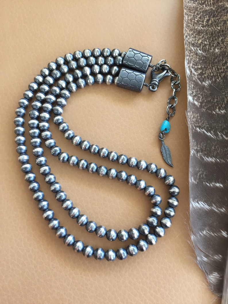 Navajo Pearls-2 strand-6mm Seamless Oxidized 925 Sterling-16 N 17 inch-adjustable-Kingman Turquoise-Isa Stone-Chain Necklace-Classic