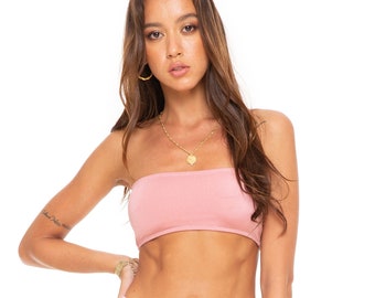 ACAMAR Baby Pink stretch strapless bandeau bikini bra. Sexy off-shoulder beach crop top. Spandex boob tube top for summer festival & party.