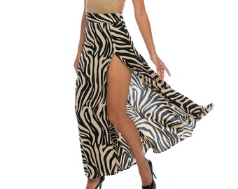 VENUS | Zebra Animal print slit maxi skirt | Summer maxi | High waist Skirt/ Vintage style | Side slit | Front split skirt |Long Beach skirt