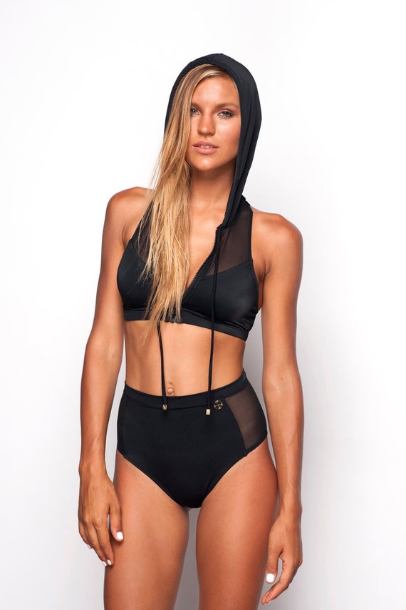 Vega Hooded Racer Back Zip Front Bikini Active-wear Top Black / Black Mesh  Stellar Dust Beach Swimwear Yoga Surf Sport 