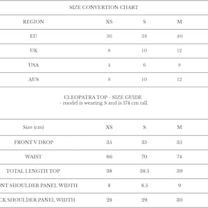 May include: Size conversion chart for a top, showing measurements in inches and centimeters for sizes XS, S, M, and L. The chart includes measurements for the front V drop, waist, total length, front shoulder panel width, and back shoulder panel width.