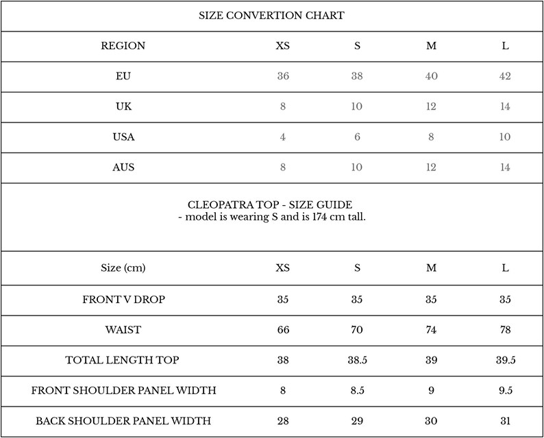 May include: Size conversion chart for a top, showing measurements in inches and centimeters for sizes XS, S, M, and L. The chart includes measurements for the front V drop, waist, total length, front shoulder panel width, and back shoulder panel width.