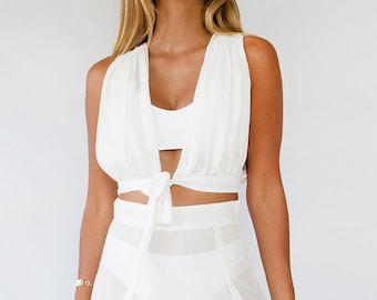 Cleopatra Top/ Deep V tie front/Sleeveles/ Crop top/ White Elegant Top/ Vacation/ Resort wear/ Boho Style / Gift for her