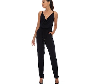 STARLA Mono negro de verano con cuello vuelto. Mono holgado con cuello halter. Mono con espalda abierta para fiestas y festivales. Traje de cóctel sexy sin espalda.