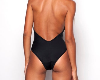 Celestia Halter High Leg Backless Plunge Neck One Piece Swimsuit| Black |  Stellar Dust | Beach | Swimwear | Vintage Inspired | Retro Suit