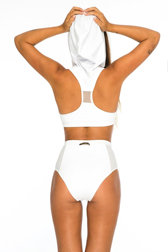 Vega Hooded Racer Back Zip Front Bikini Active-wear Top White