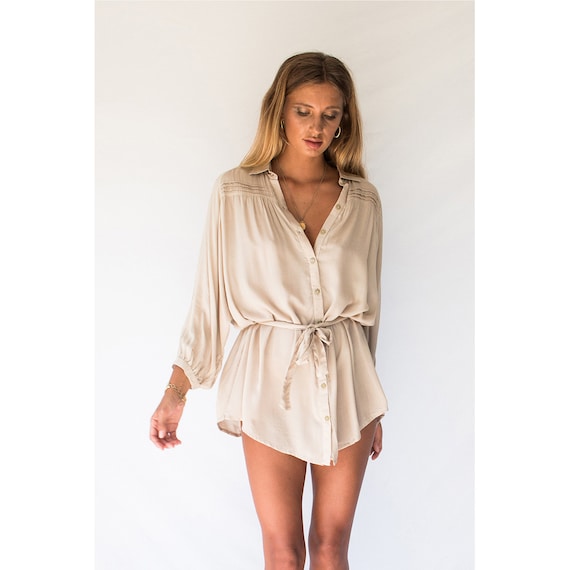satin romper shirt dress Giving Beverly Hills Satin Button Up Romper Dress