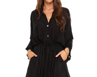 Capella | Black oversized minidress |button up dress | Safari style \ Summer dress |Boho style | blouse dress |Tie waist mini | Gift for her
