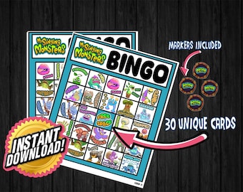 Bingospel med temat My Singing Monsters; Partyspel; Mobilspel; MSM; Födelsedagsaktivitet; Digital bingo; 30 digitala kort