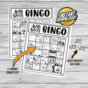 El juego de bingo con el tema de los chicos malos; Juego de fiesta; El libro de los malos; Actividad de cumpleaños; Bingo digital Mr Wolf; 15 cartones digitales