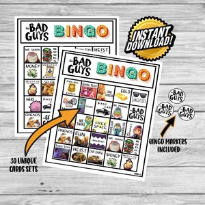 Il gioco del Bingo a tema The Bad Guys; Gioco di società; Il film dei cattivi ragazzi; Attività di compleanno; Signor Lupo Bingo Digitale; 30 carte digitali