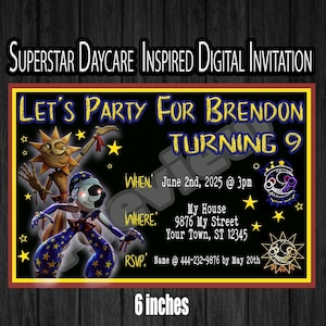 May include: A digital invitation for a birthday party. The invitation features a black background with yellow stars and the text "Let's Party for Brendon Turning 9". The invitation also includes details about the party, such as the date, time, and location.