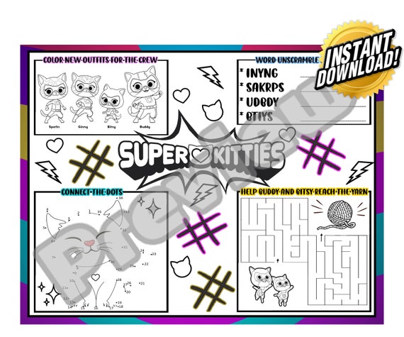 Super Kitties Party Activity Sheet, Super Hero Placemat; Super Kitties Placemat; Birthday Party, Digital Download, Goodie Bag Games