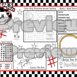 FNAF Pizza Party Aktivitätenbogen Tischset; Freddy Fazbear Tischset; Fünf Nächte auf Freddy Pizza Party ; FNAF Gesellschaftsspiel; Sicherheitsbruch