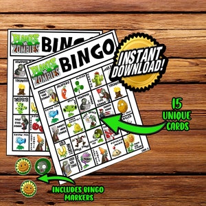 Pflanzen gegen Zombie Thema Bingo Spiel; Zombie-Geburtstags-Party-Spiel; Geburtstagsaktivität; Plants vs. Zombies Digital Bingo; 15 digitale Karten