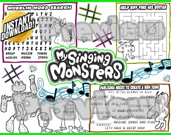 Mijn zingende monsters-spelblad; Activiteit; Verjaardagsspel; MSM-thema; Afdrukbare goodiebag; Monsters mobiel ondertekenen; Partij placemat; Digitaal