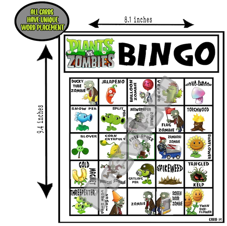 Plants Vs Zombie Theme Bingo Game Zombie Birthday Party Game - Etsy