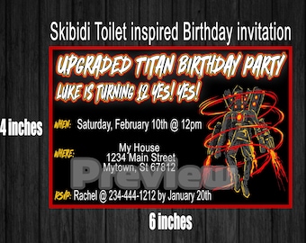 May include: A black and red birthday party invitation with a cartoon character in a red and yellow suit. The text reads "Upgraded Titan Birthday Party Luke is turning 12 Yes! Yes!"  Saturday, February 10th @ 12pm. My House 1234 Main Street Mytown, St 67812. RSVP: Rachel @ 234-444-1212 by January 20th.