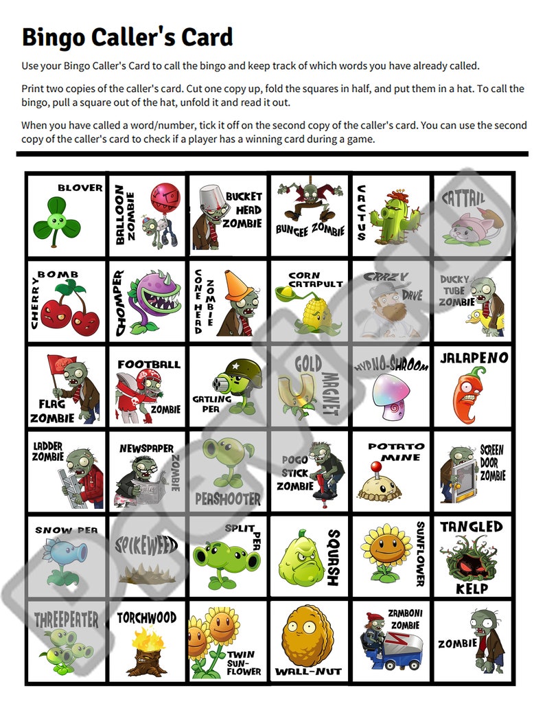 Plants Vs Zombie Theme Bingo Game Zombie Birthday Party Game - Etsy