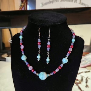 Larimar Apatite Tanzanite Red Pearl Charoite necklace and earrings