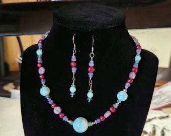 Larimar apatiet tanzaniet rode parel charoiet ketting en oorbellen