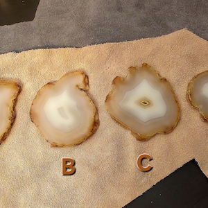 May include: Four agate coasters with a natural, organic shape. Each coaster features a white centre surrounded by bands of tan and brown. The coasters are labelled A, B, C, and D.