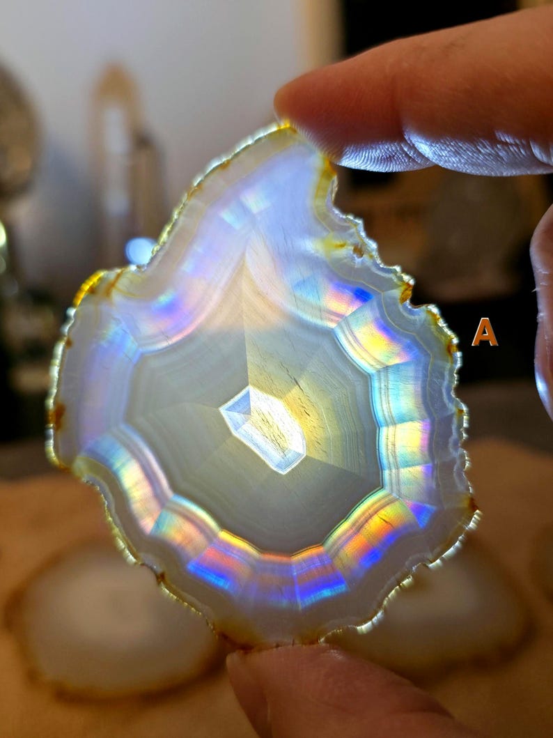 May include: A polished agate slice, showing a central crystalline structure. The stone has concentric bands of white, grey, and yellow, with iridescent rainbow colours along the edges. The agate is held by a person's fingers.