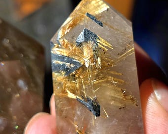 Golden Rutilated Quartz and Silver Hematite Towers Point Obelisk Self Standing
