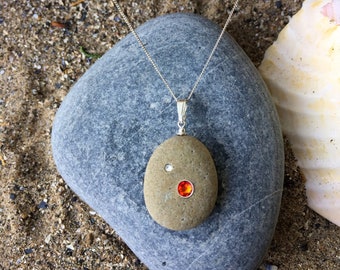 Beach Pebble Pendant With Swarovski Crystals,Pebble Necklace,Pebble Pendant,