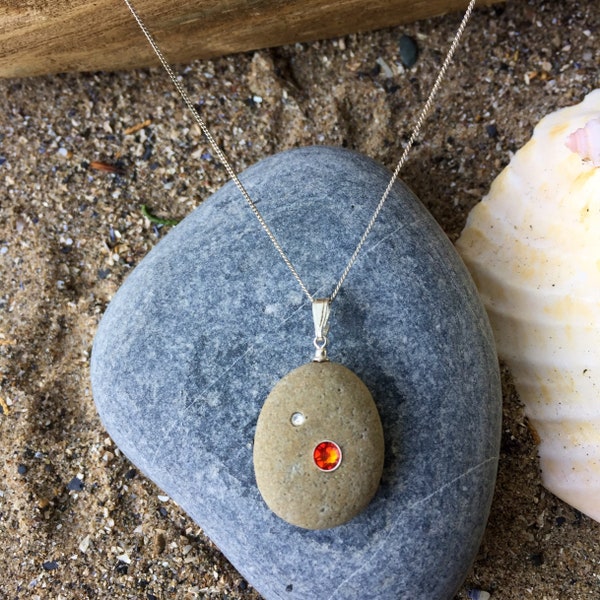 Beach Pebble Pendant With Swarovski Crystals,Pebble Necklace,Pebble Pendant,