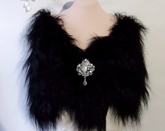 Wedding cape black fox , Faux fox fur shawl,Bridal cape ,Faux Fur Cape