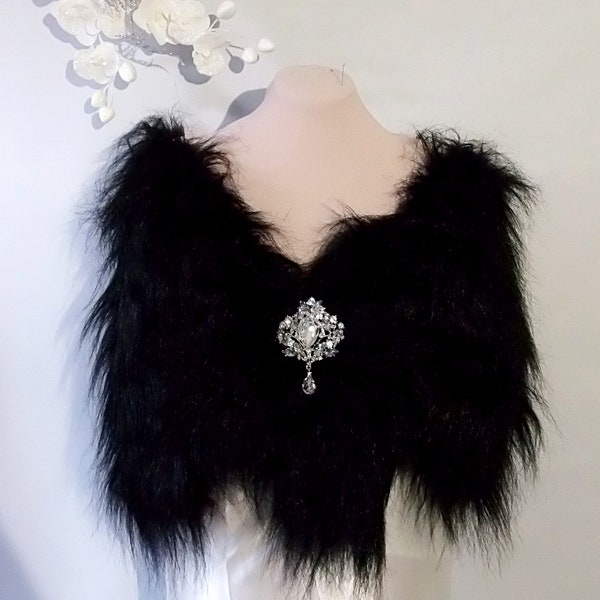 Wedding cape black fox , Faux fox fur shawl,Bridal cape ,Faux Fur Cape