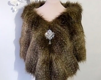 Wedding cape brown fox , Faux fox fur shawl,Bridal cape ,Faux Fur Cape