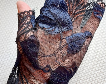 Black Lace Gloves with blue floral  , Fingerless Lace Gloves, Wedding Lace Gloves, Costume Gloves, Bridesmaid Gift
