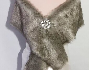 Cape  gray faux fur  , Faux  fur shawl,Bridal cape ,Faux Fur Cape