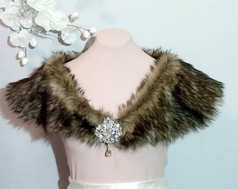 Cape  brown faux fur  , Faux  fur shawl,Bridal cape ,Faux Fur Cape