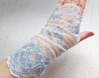 White Lace Gloves with blue roses, Fingerless Lace Gloves, Wedding Lace Gloves, Costume Gloves, Bridesmaid Gift