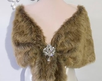 Wedding cape light brown fox , Faux fox fur shawl,Bridal cape ,Faux Fur Cape