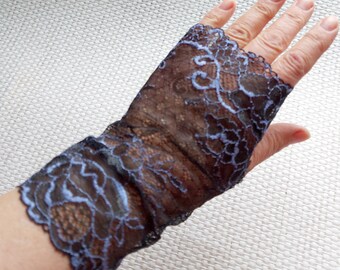 Black Lace Gloves with blue floral pattern , Fingerless Lace Gloves, Wedding Lace Gloves, Costume Gloves, Bridesmaid Gift