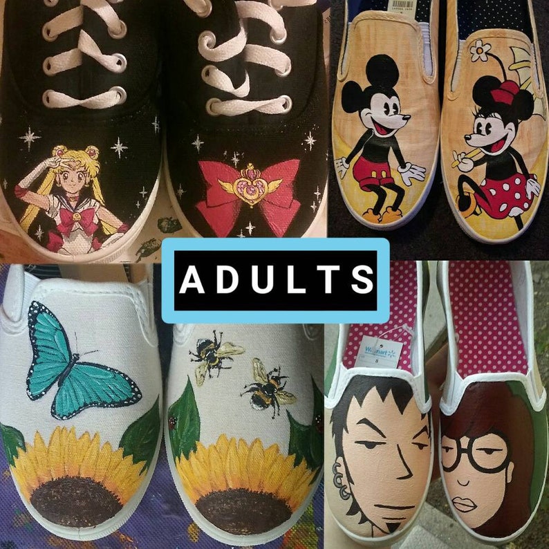 May include: A collection of hand-painted canvas shoes featuring various designs, including a butterfly and sunflower, bees and sunflowers, Mickey Mouse and Minnie Mouse, and anime characters. The shoes are labeled "ADULTS".