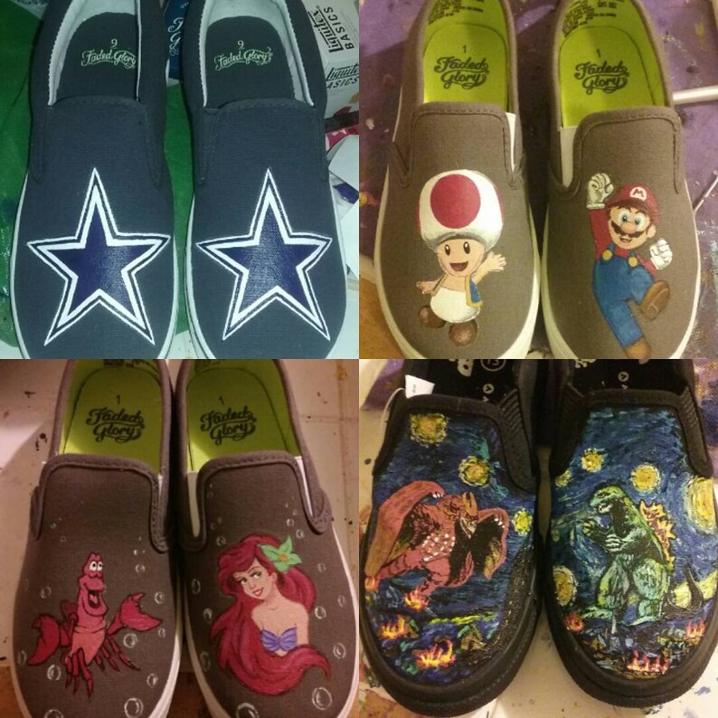 May include: A set of ten hand-painted canvas slip-on shoes featuring various designs. The designs include a Dallas Cowboys star, a Super Mario Bros. character, a Disney princess, and a Godzilla-like creature.