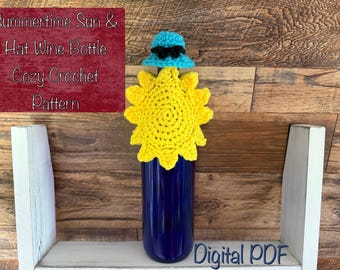 Patrón de crochet para funda de botella de vino con sol y sombrero de verano