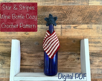Patrón de crochet para funda de botella de vino con estrellas y rayas