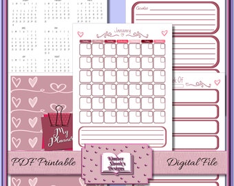 12 Month, Weekly PDF Printable Planner, digital, Sunday - Saturday