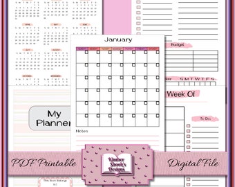 12 Month, Weekly PDF Printable Planner, digital, Sunday - Saturday