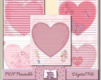 Valentine Heart Notepad Sheet Page - lined, ruled, printable, letter, scrapbook, journal