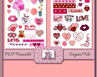 Valentine's Day Printable Stickers sheets - 8 1/2" x 11" Hearts, love,